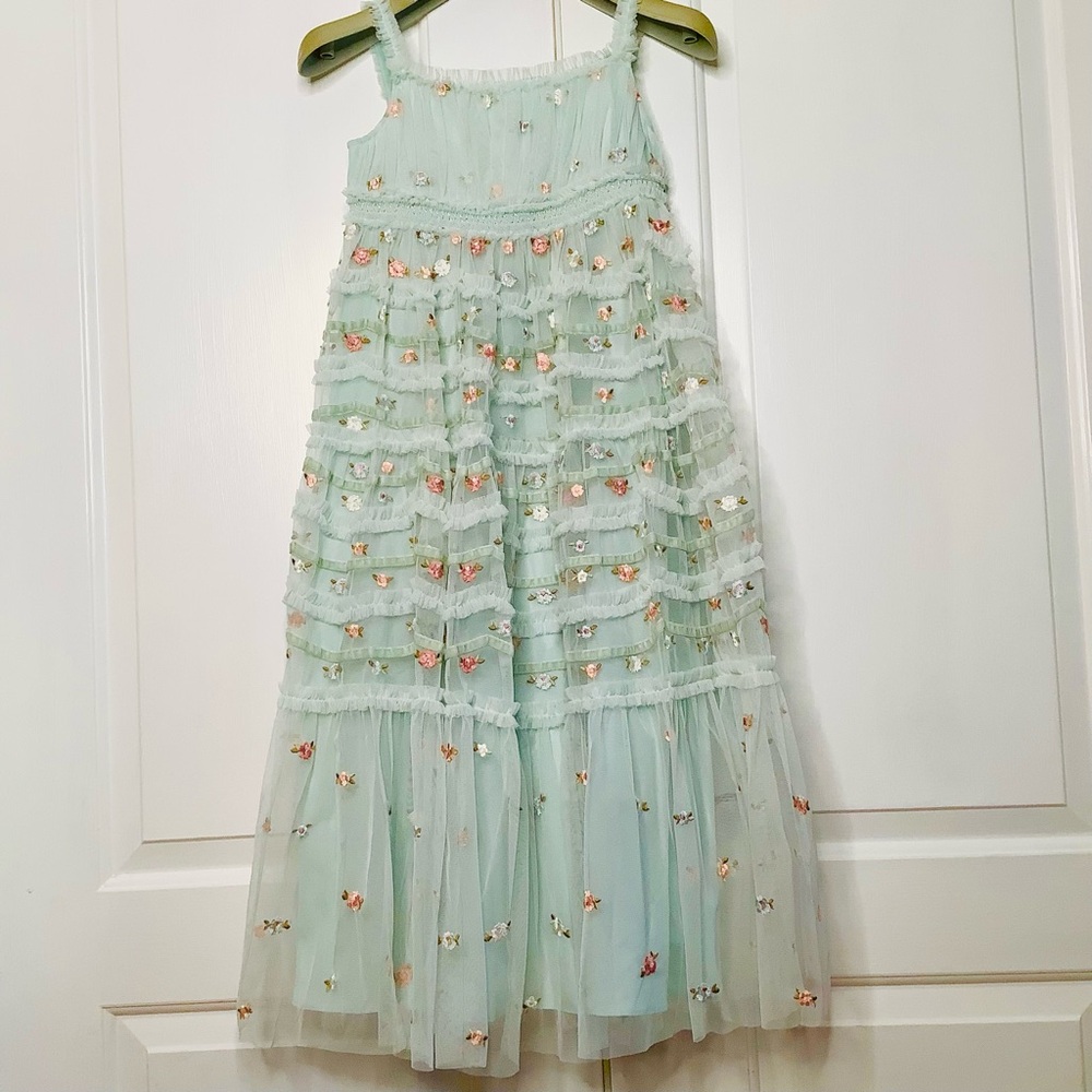MacDuggal Girl’s 8217 Sz 8 Long Blue Embroidered Ruffle Tiered Flower Girl Dress